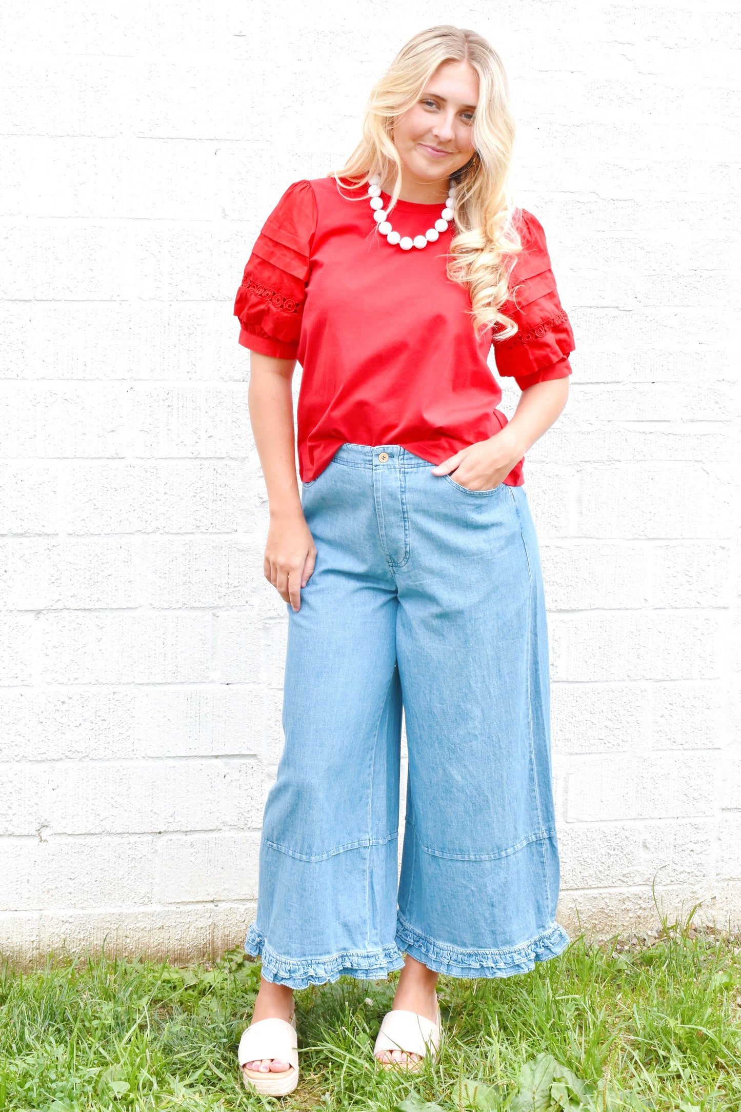 Red Lace Accent Puff Sleeve Top