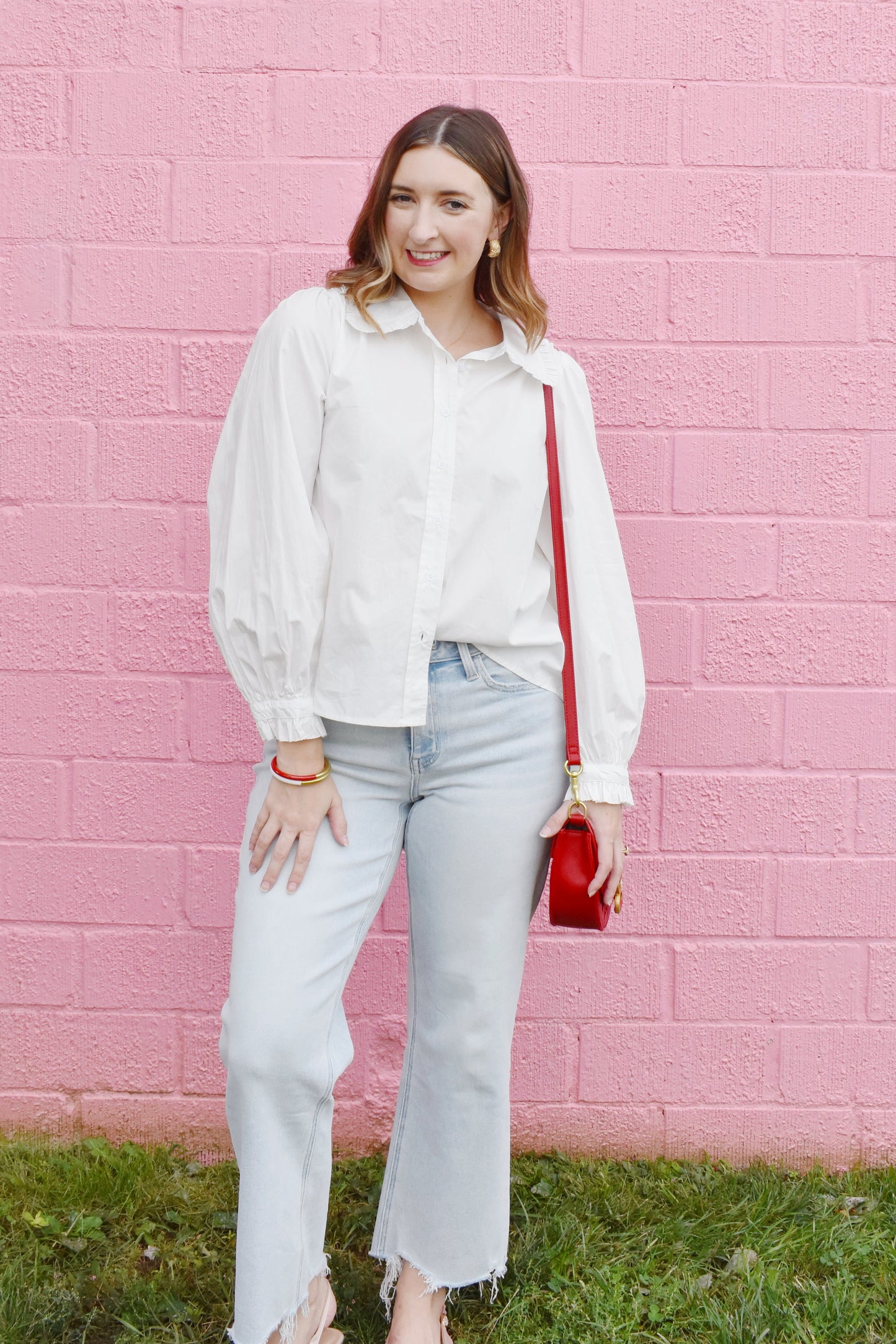 White Ruffle Collared Button Down