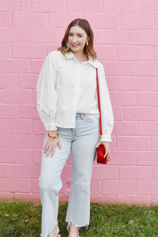 White Ruffle Collared Button Down