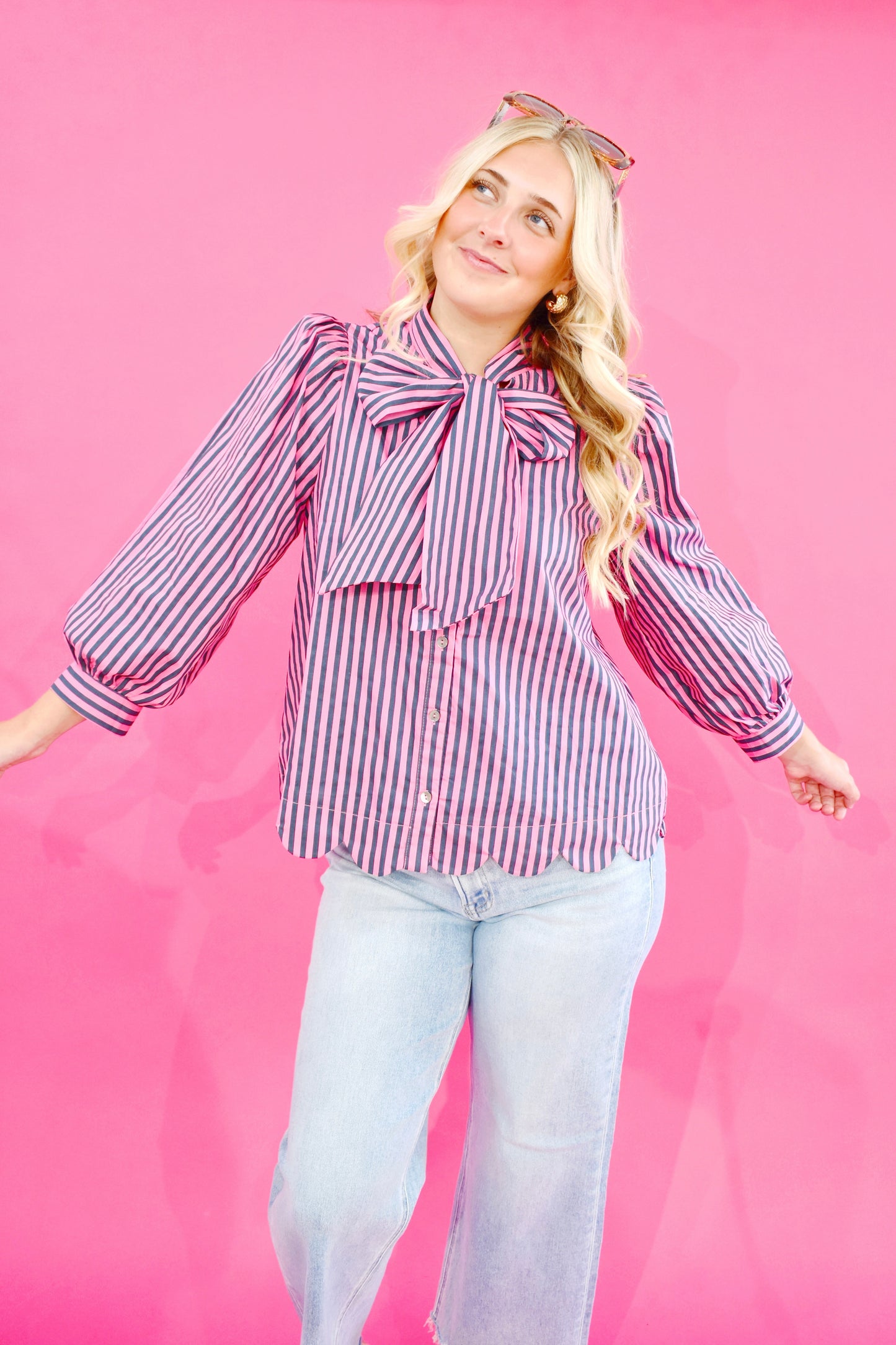 Pink Pine Striped Bow Scalloped Blouse