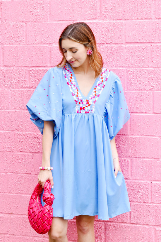 Baby Blue Embroidery detail Balloon Sleeve Dress