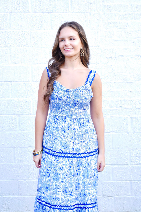 Blue Floral Ric Rac Contrast Maxi Dress