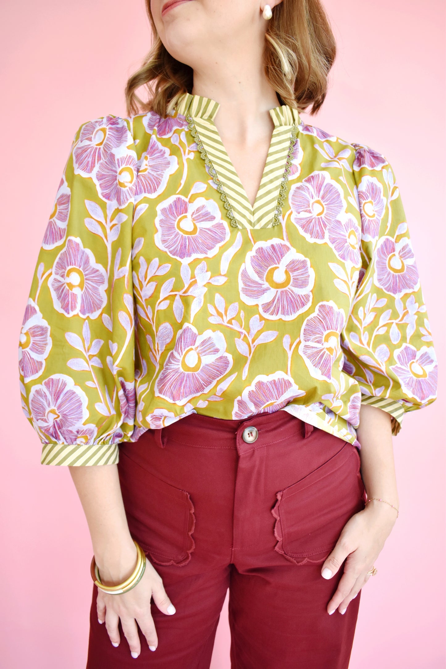 Olive Green & Lilac Floral Scallop Collar Blouse