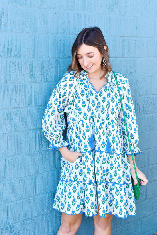 Preppy Blue Floral Dress With Tassels