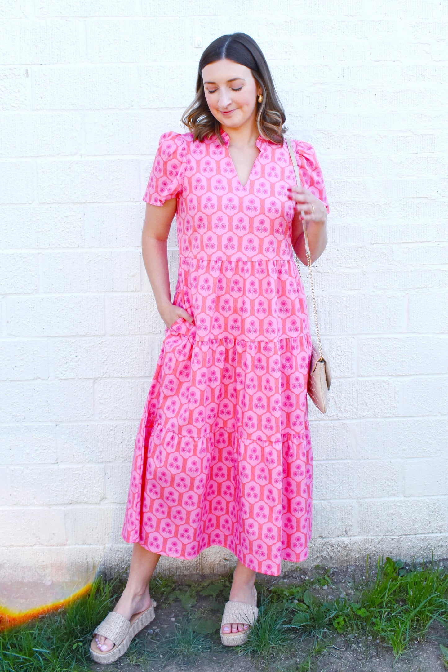 Mary Square Ivy Dress Rosette Charm Pink