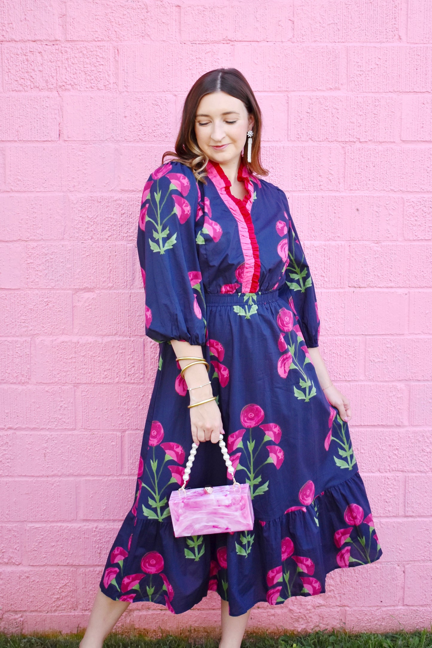 Navy Floral Ruffle Neckline Midi Dress