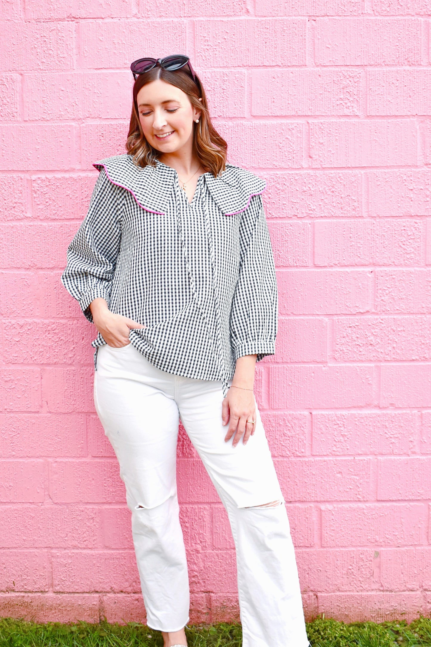 Black Gingham Pink Trim Collared Blouse