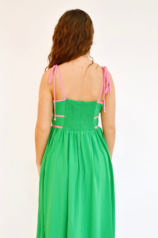 Green Pink Contrast Tie Strap Midi Dress