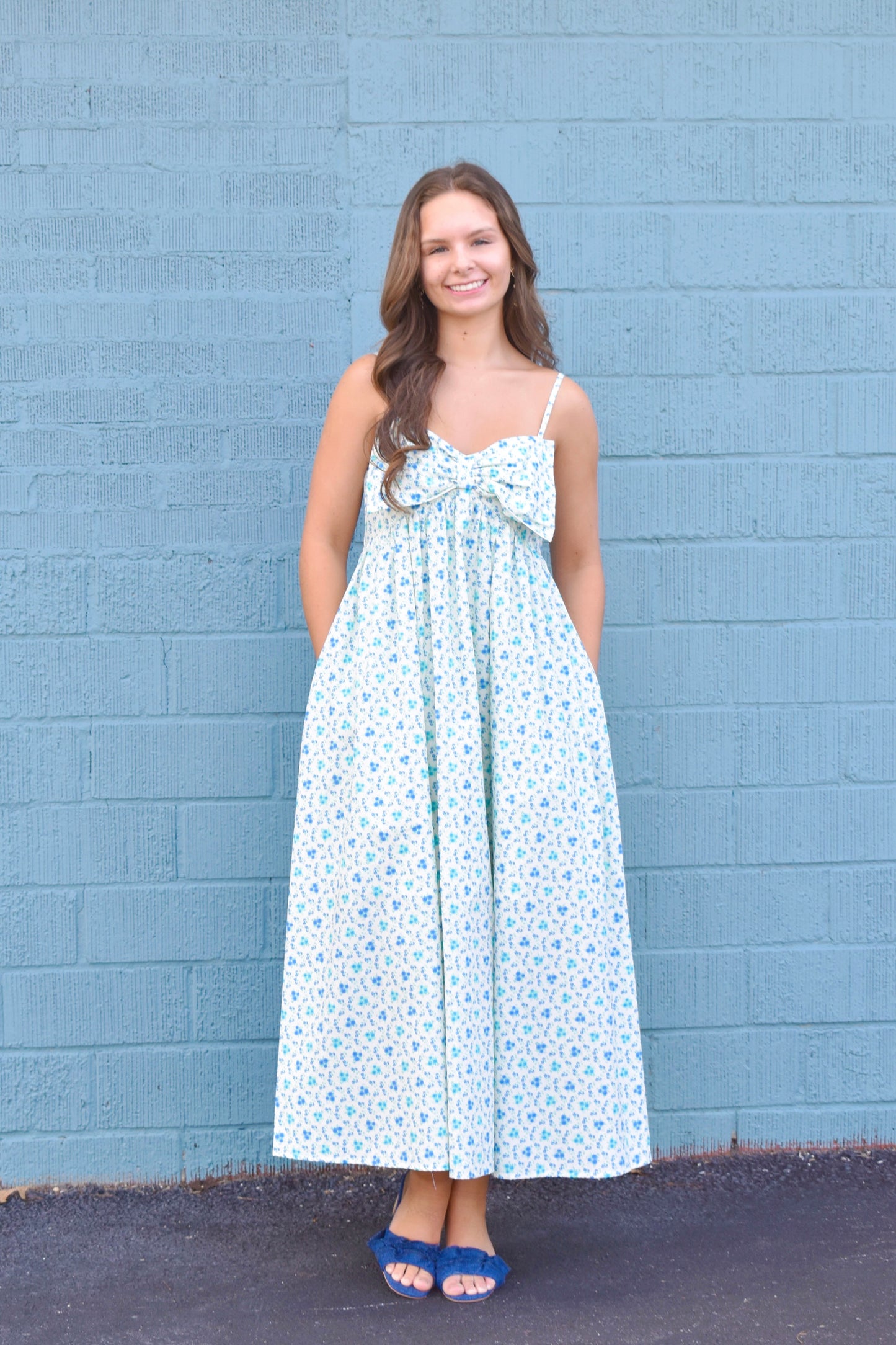 Blue Ditsy Floral Bow Maxi Dress