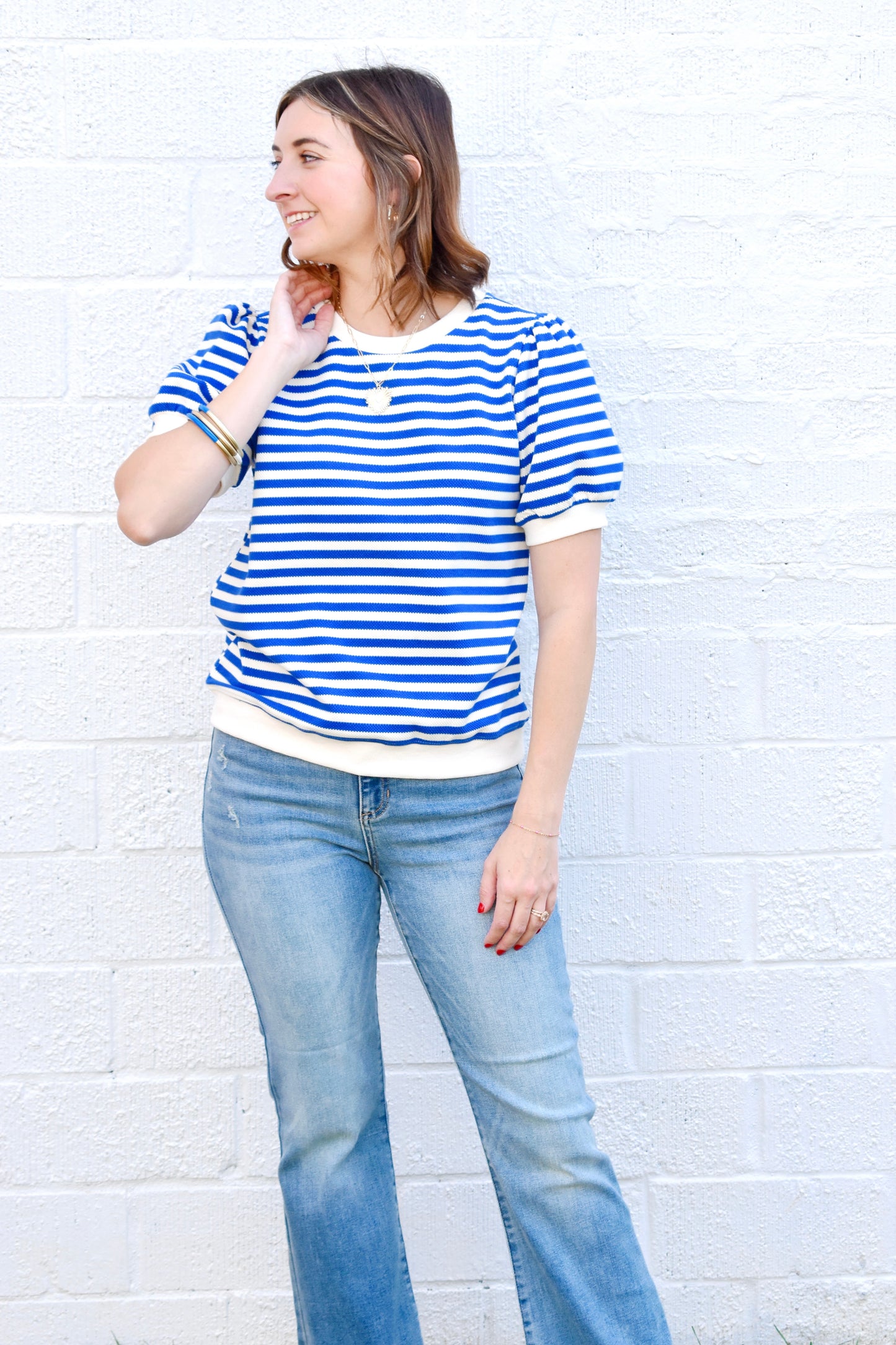 Royal Blue Striped Puff Sleeve Top