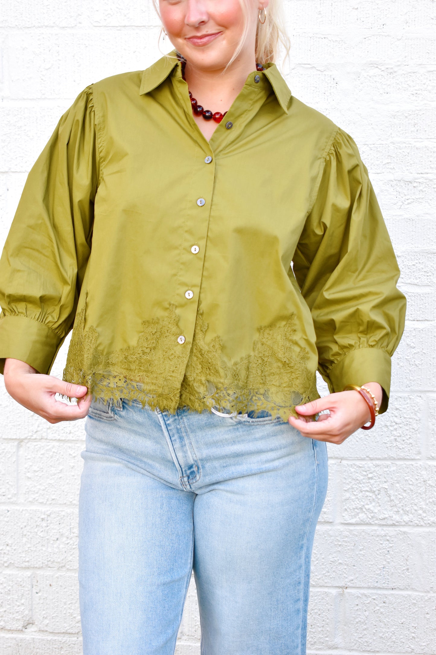 Martini Olive Lace Trim Button Down
