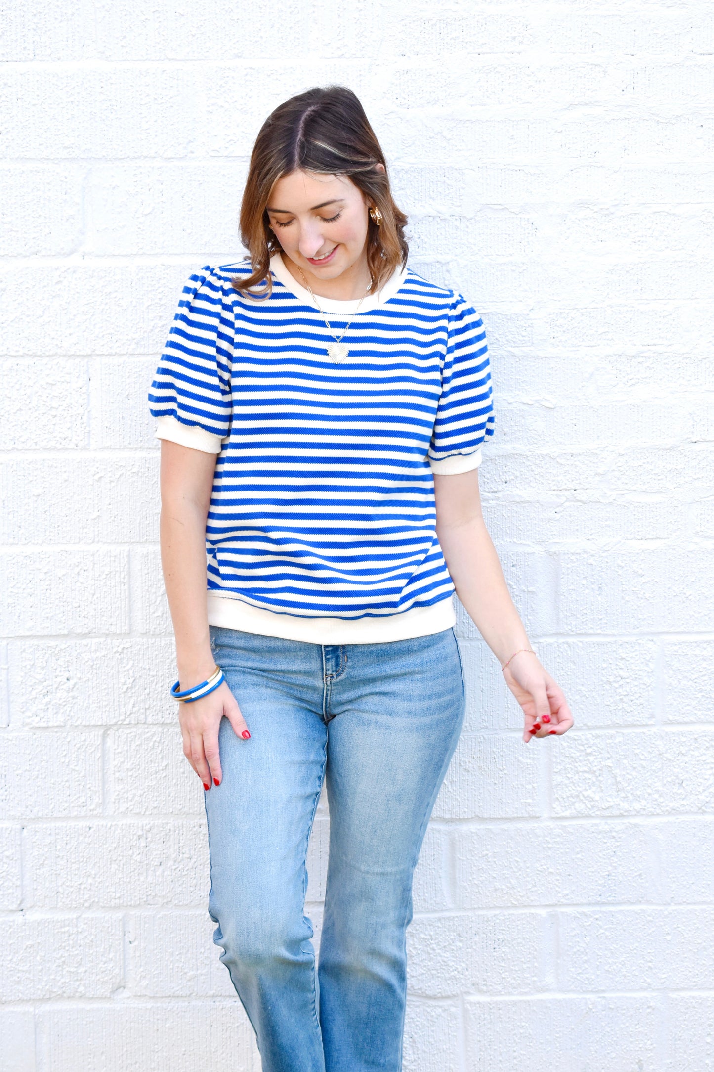 Royal Blue Striped Puff Sleeve Top