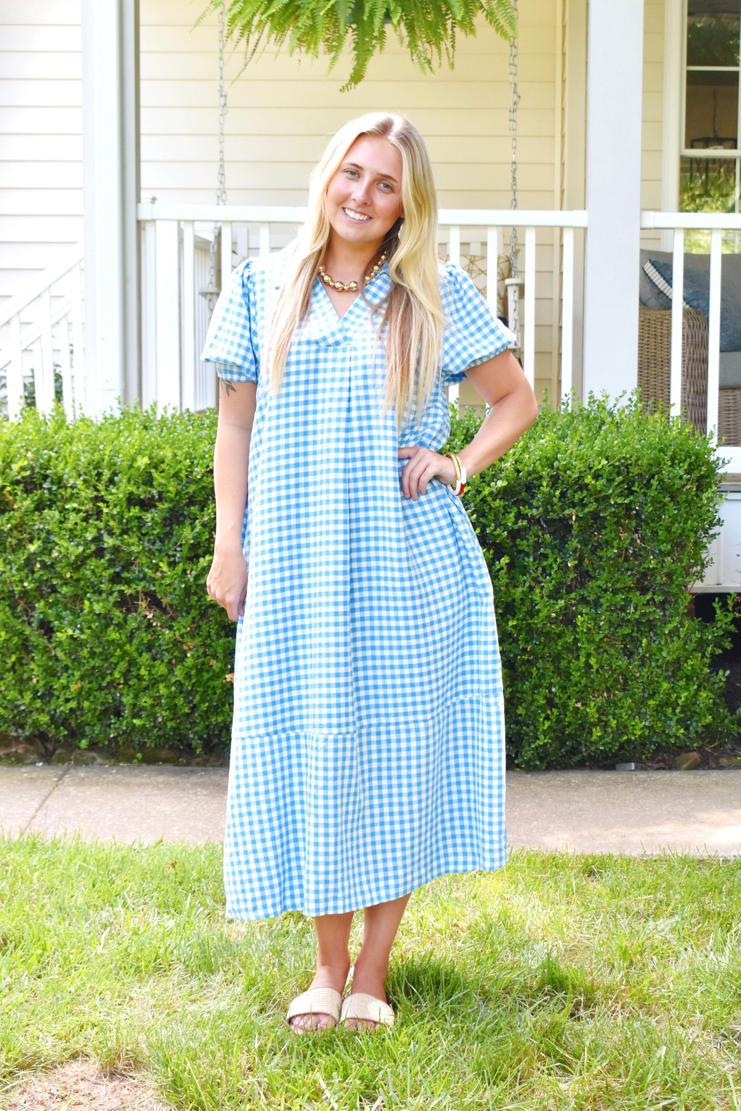 Blue Gingham Collared Midi Dress