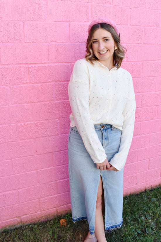 Confetti Speckled Ivory Button Down Cardigan