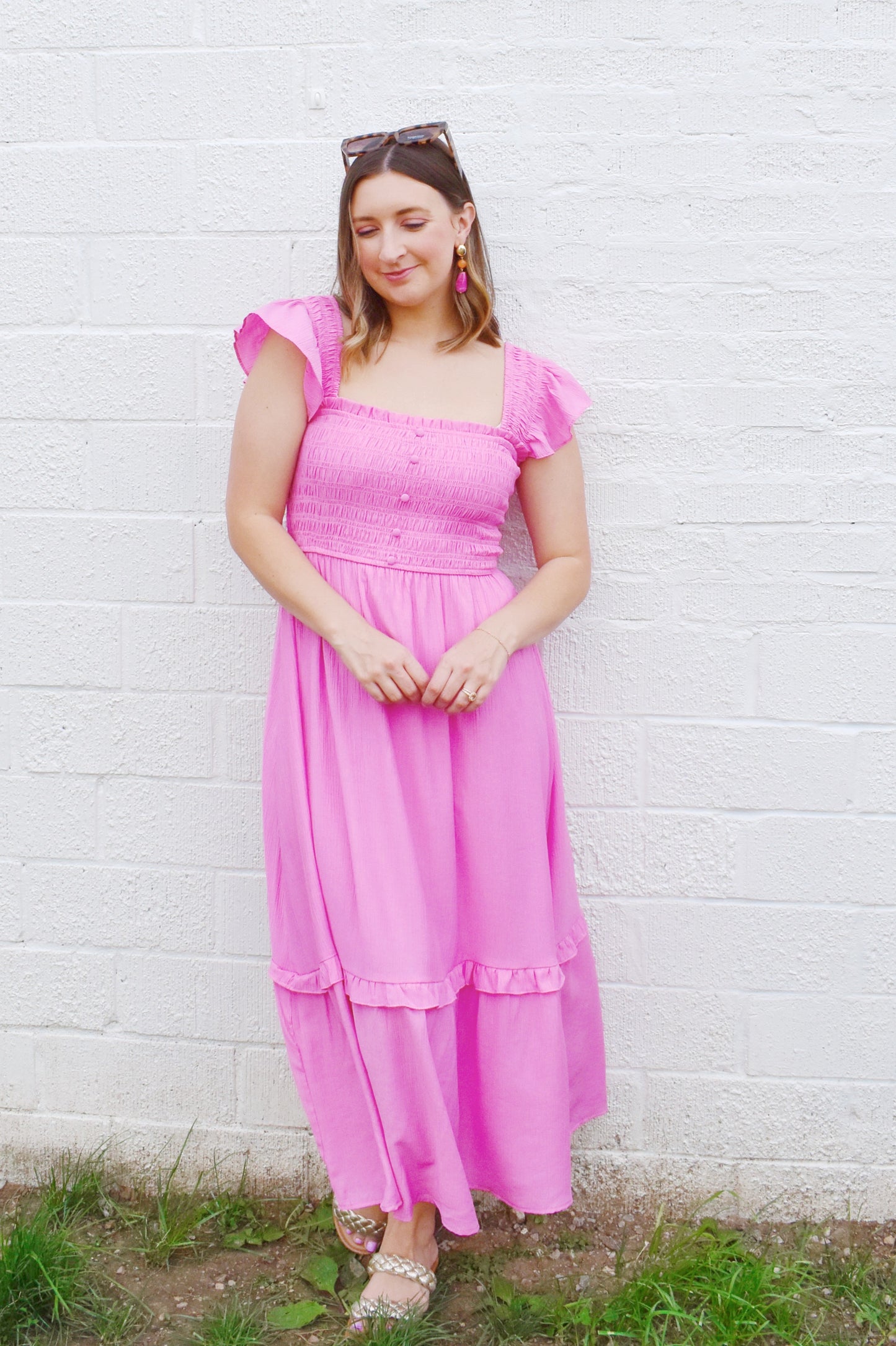 Bubblegum Smocked Button Detail Midi Dress