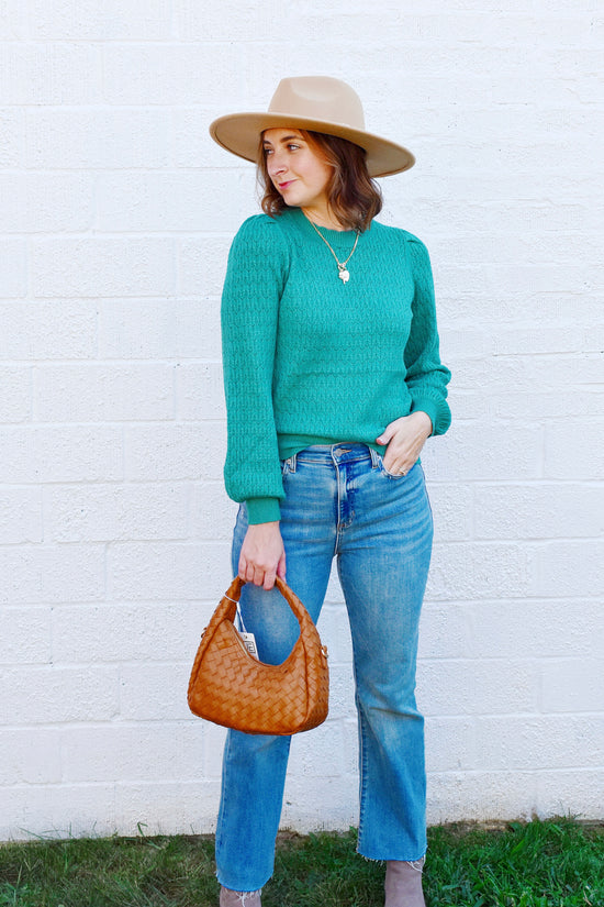 Sea Green Puff Sleeve Scallop Sweater