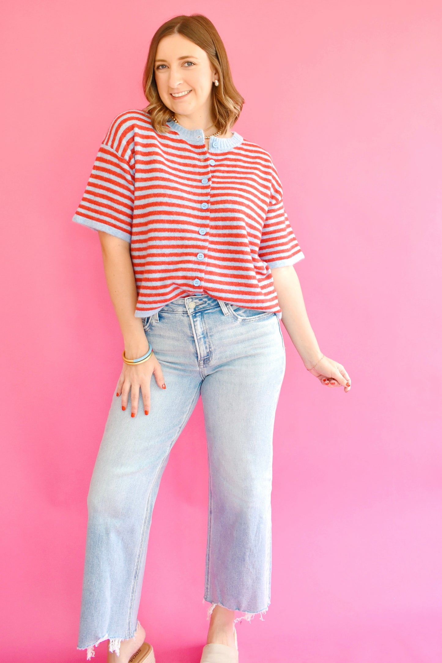 Blue & Red Striped Short Sleeve Cardigan