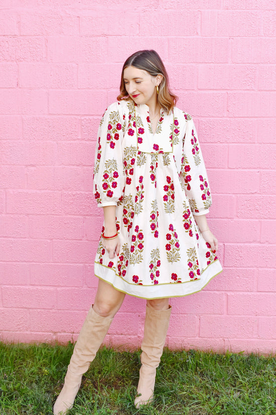 Jan Ecru Red Floral Babydoll Dress