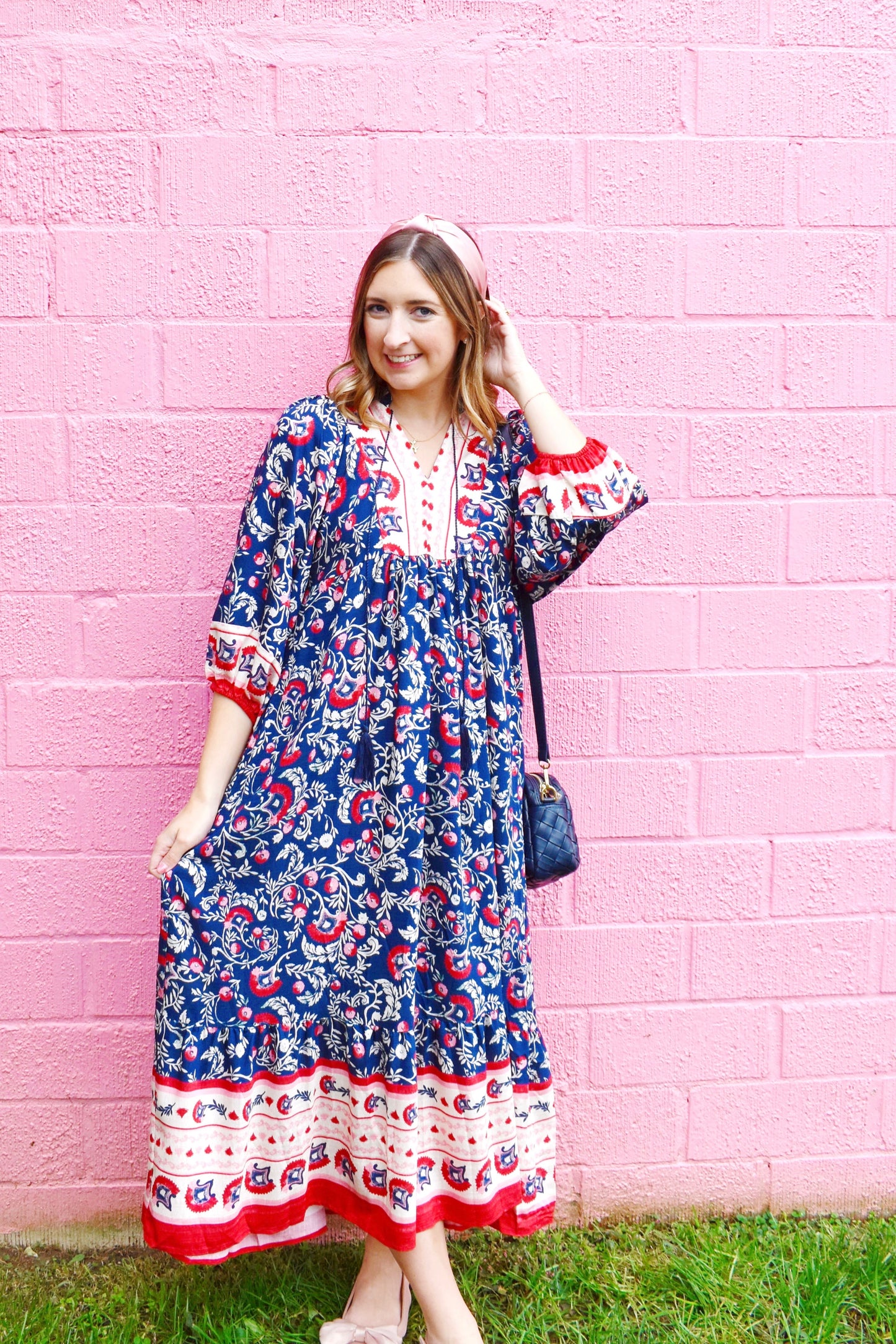 Navy Pink Abstract Floral Midi Dress
