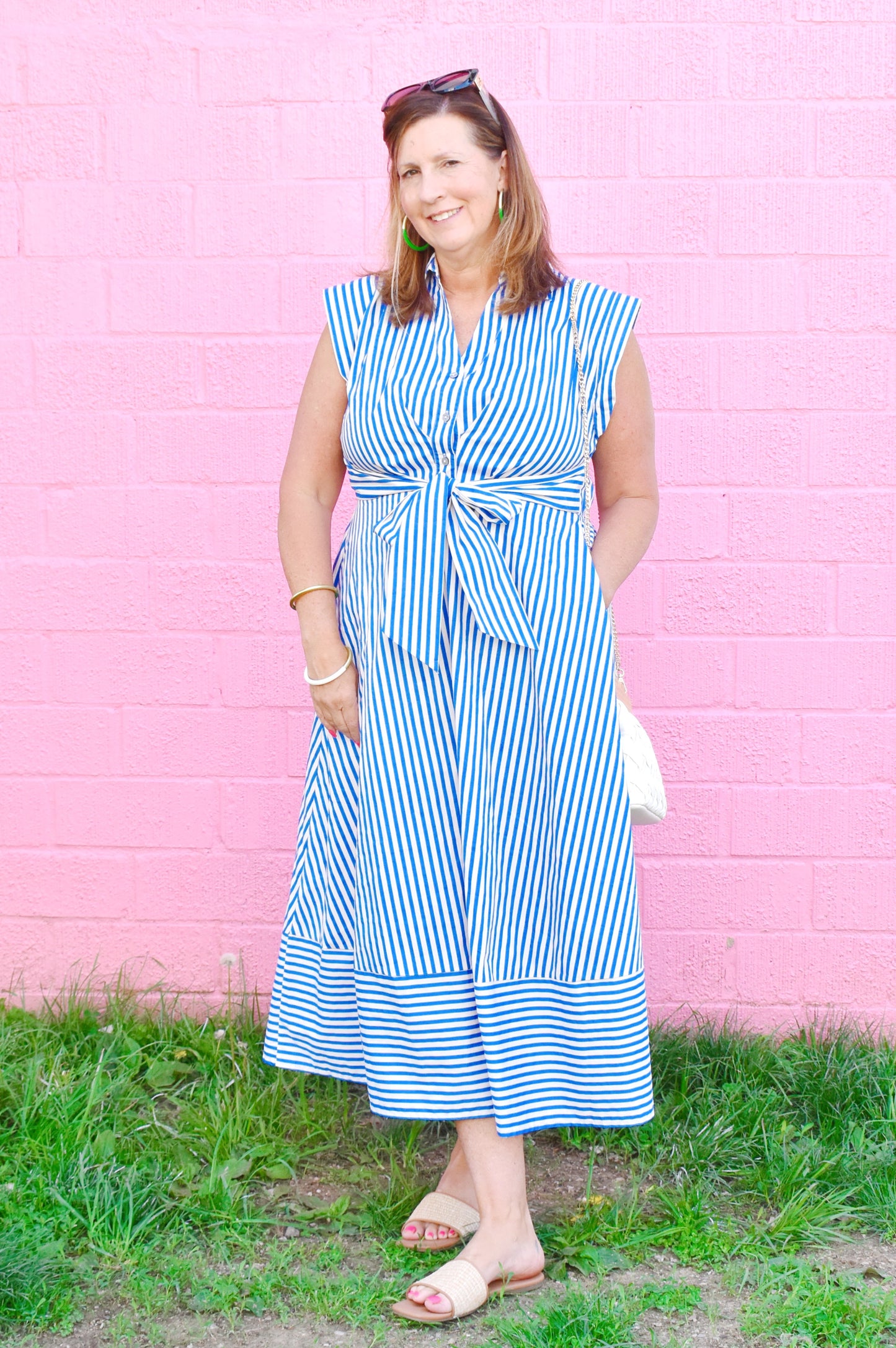 Blue & White Striped Collared Tie Waist Dress