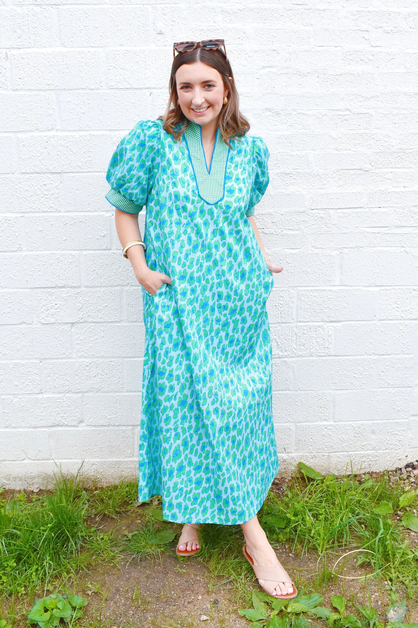 Green & Blue Leopard Spot Gingham Contrast Midi Dress