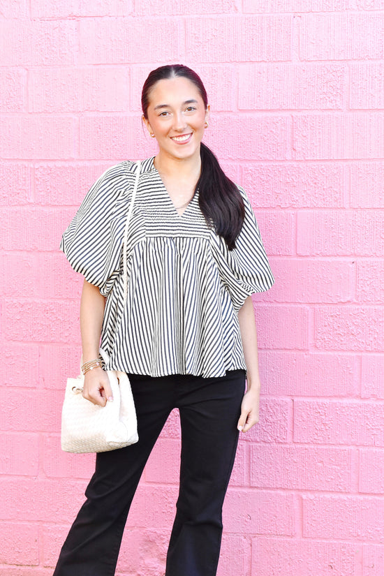 Black Stripe Smocked Collared Blouse