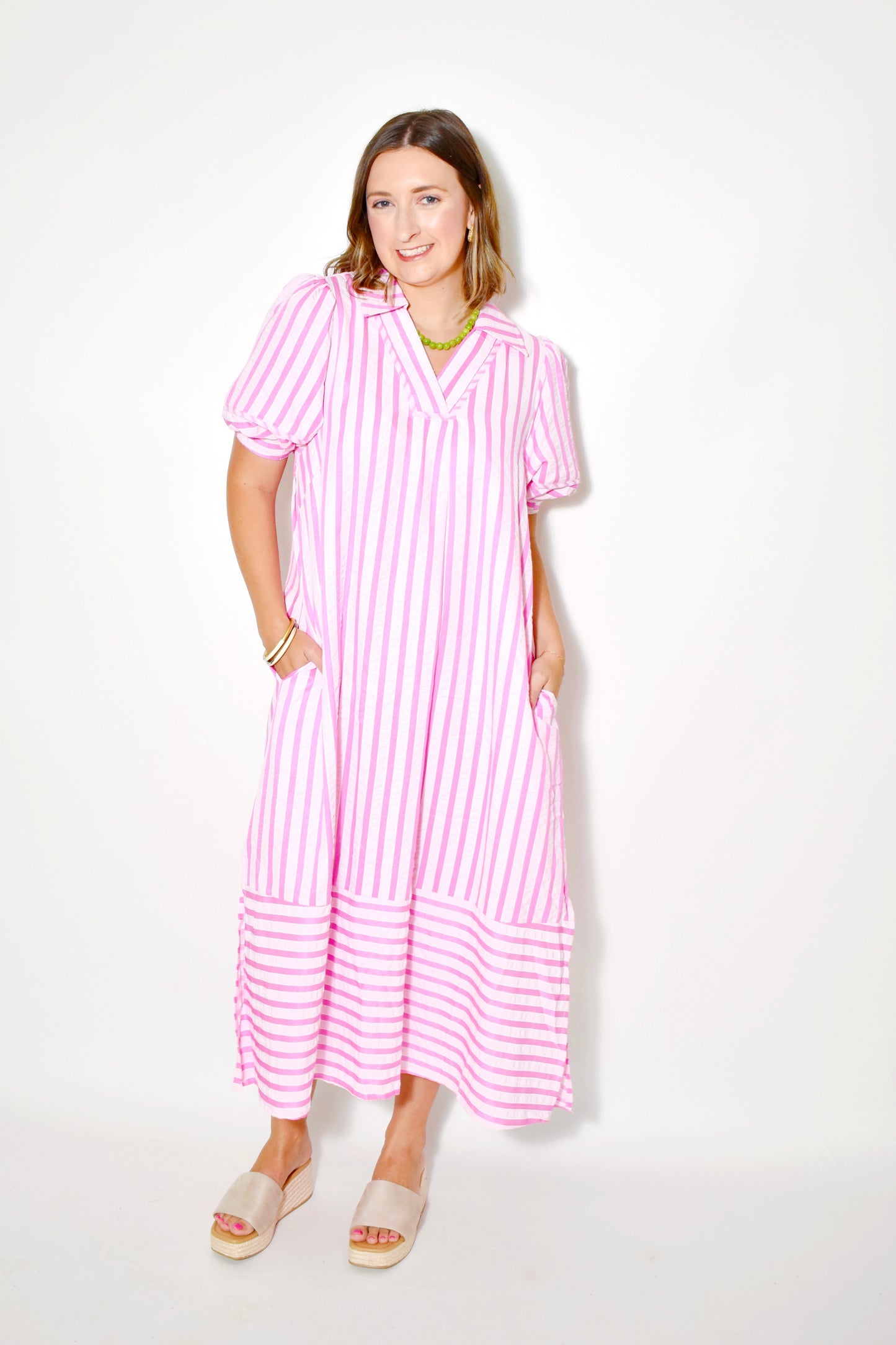 Peony Pink Striped Collared Midi Dress