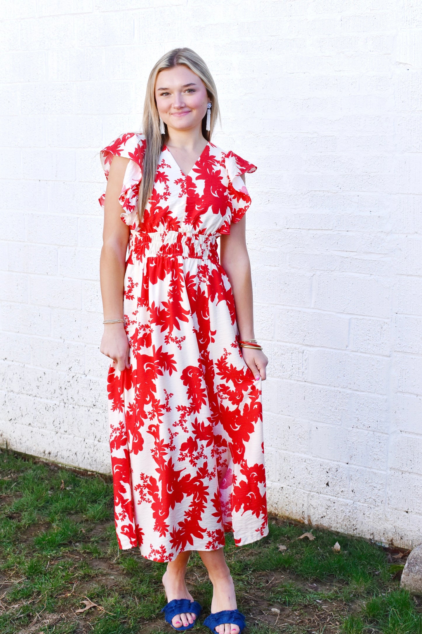 Red Floral Elastic Waist Midi Dress Confetti Boutique Red Floral Elastic Waist Midi Dress Confetti Boutique