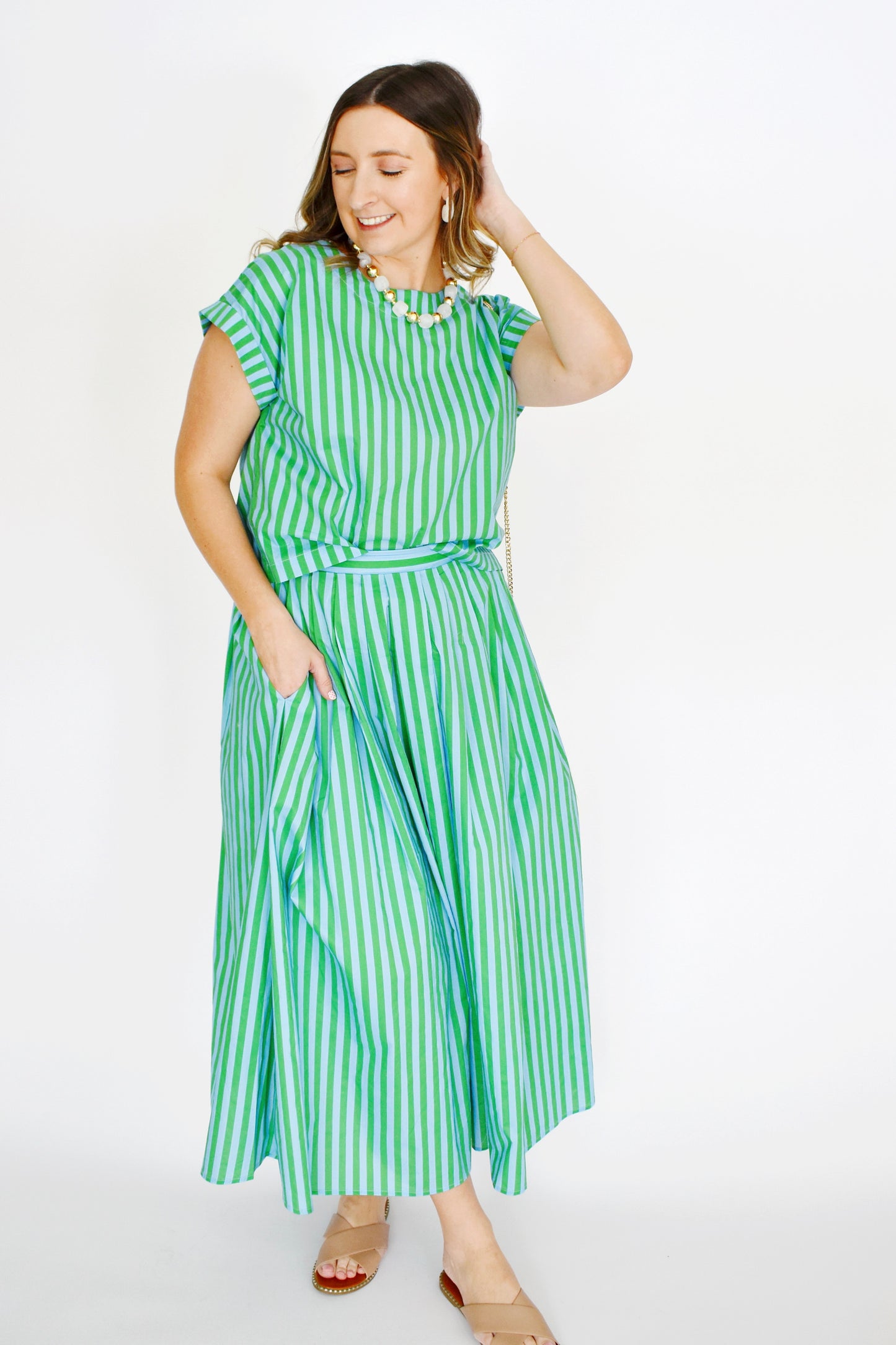 Green Sky Striped Midi Skirt