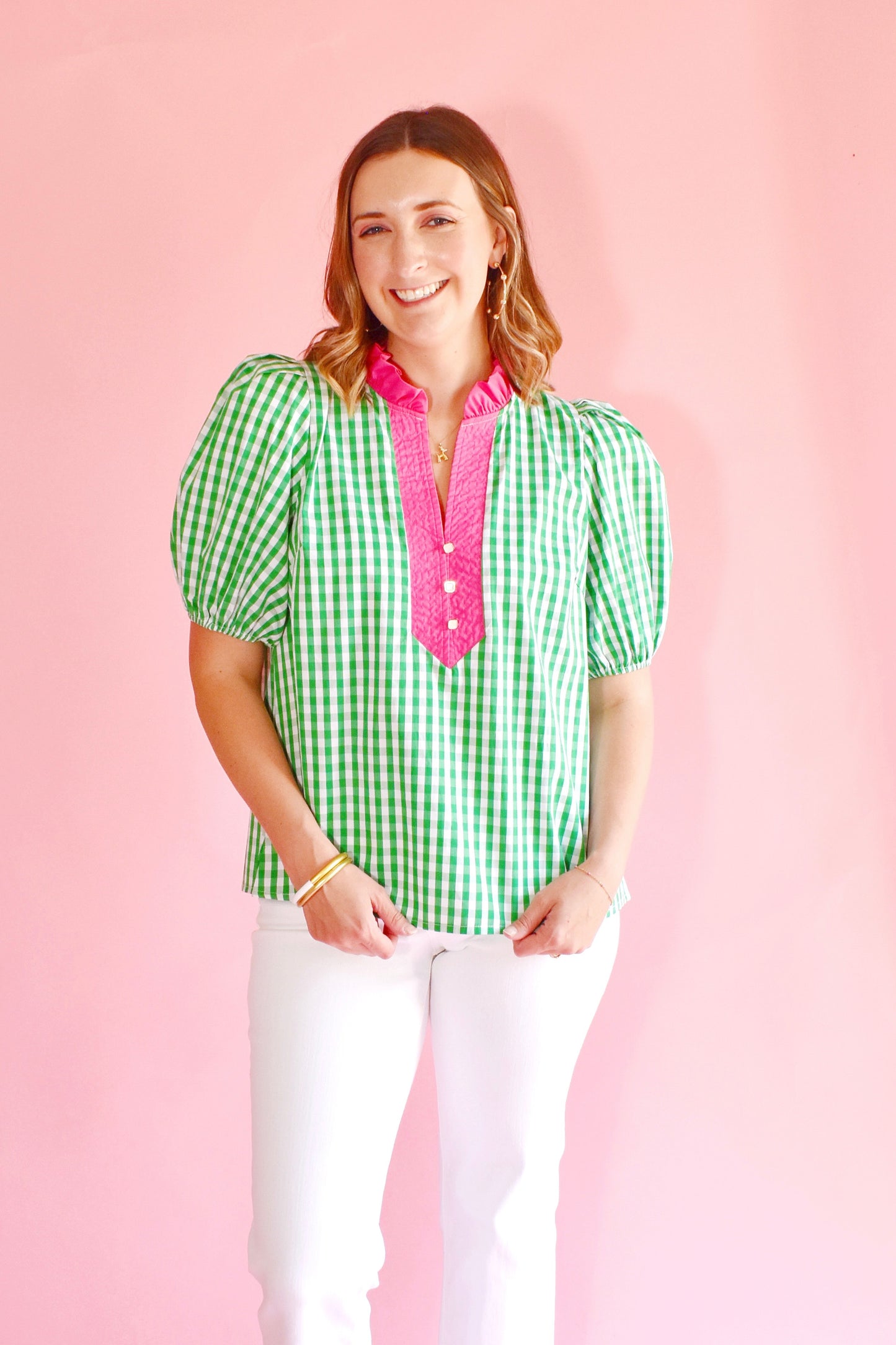 Green Gingham Pink Contrast Blouse