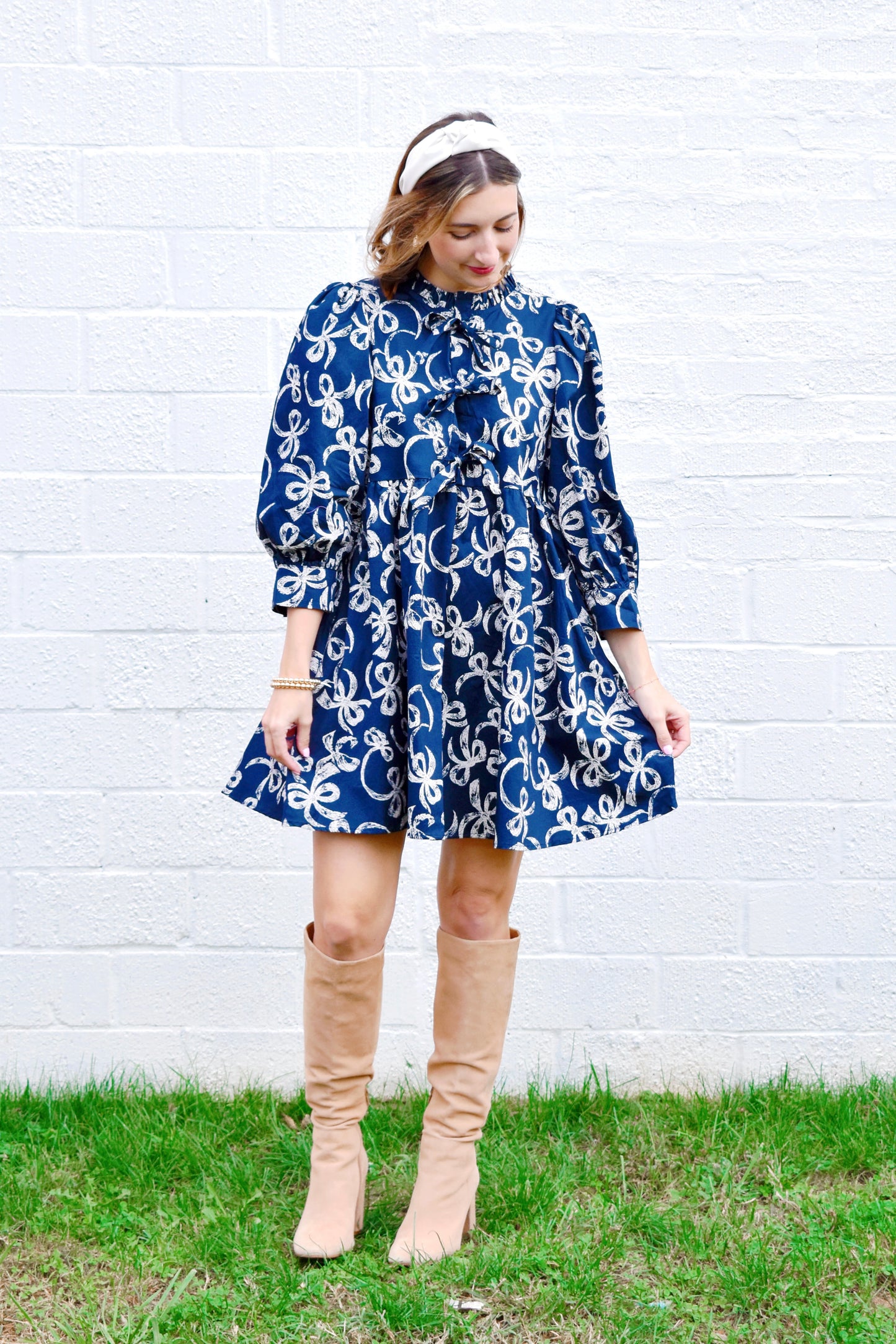 Navy Bow Printed Babydoll Dress