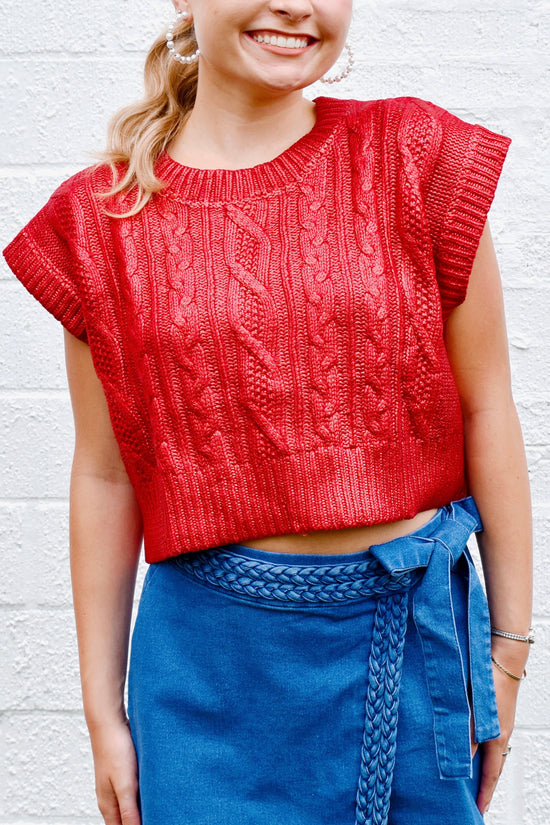 Red Metallic Cropped Sweater Top