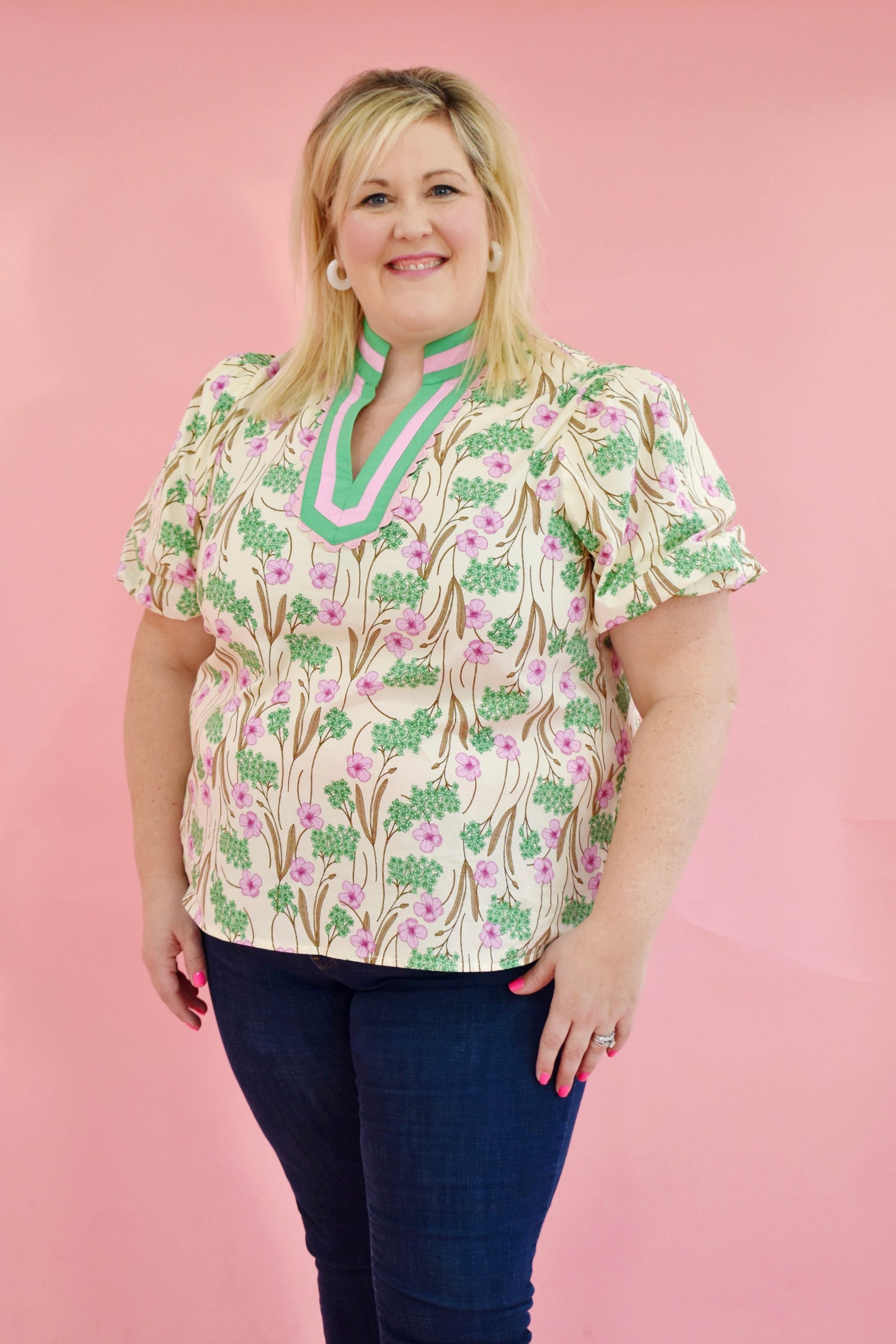 Plus Soft Pink Scallop Detail Floral Blouse
