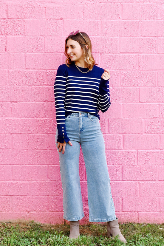 Navy Striped Knitted Top