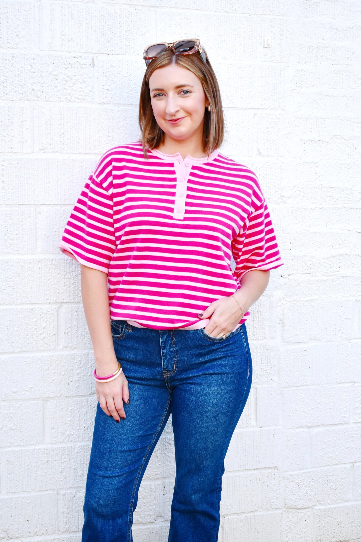Pink Striped Lightweight Knit Button Top