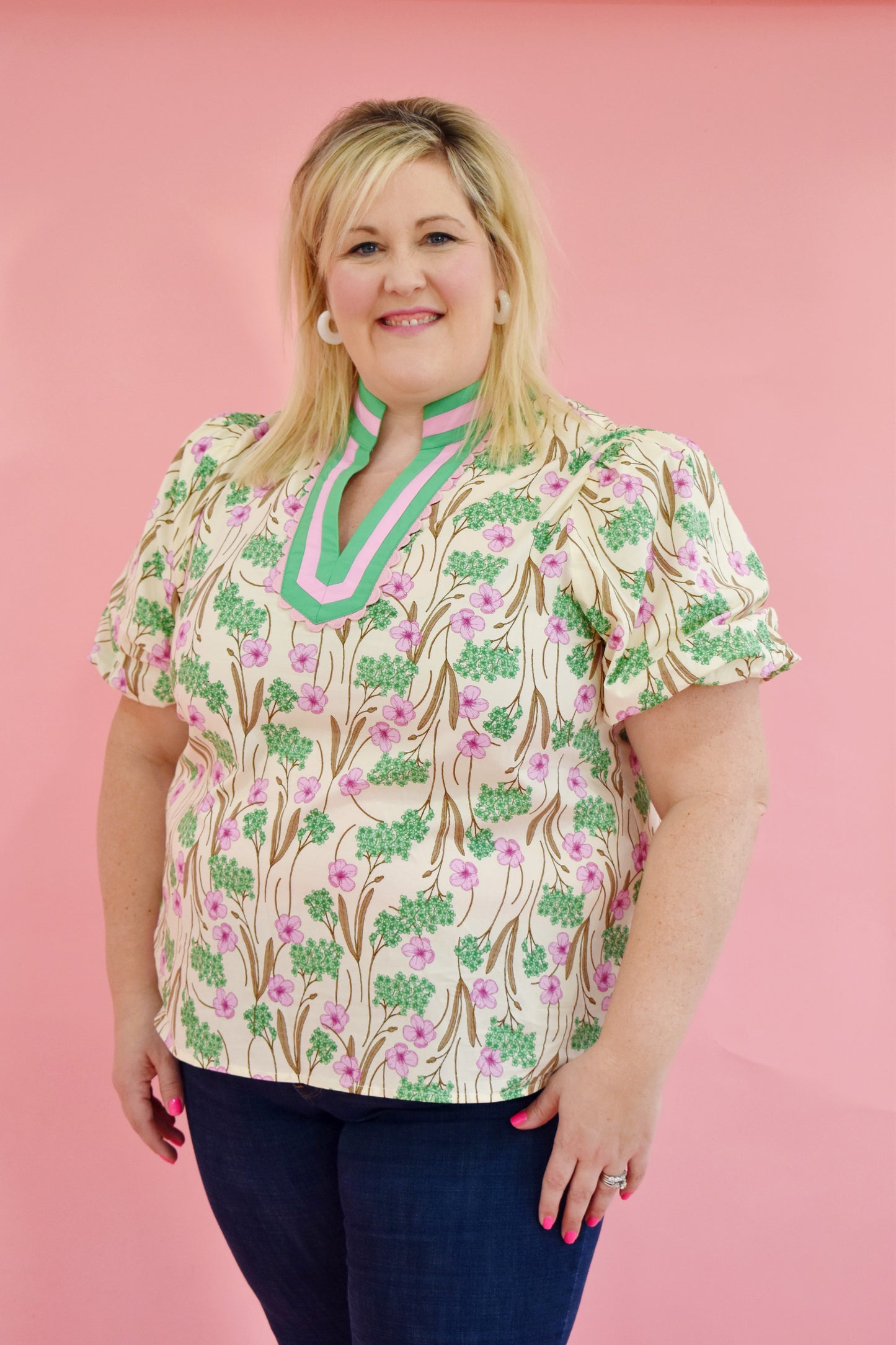 Plus Soft Pink Scallop Detail Floral Blouse