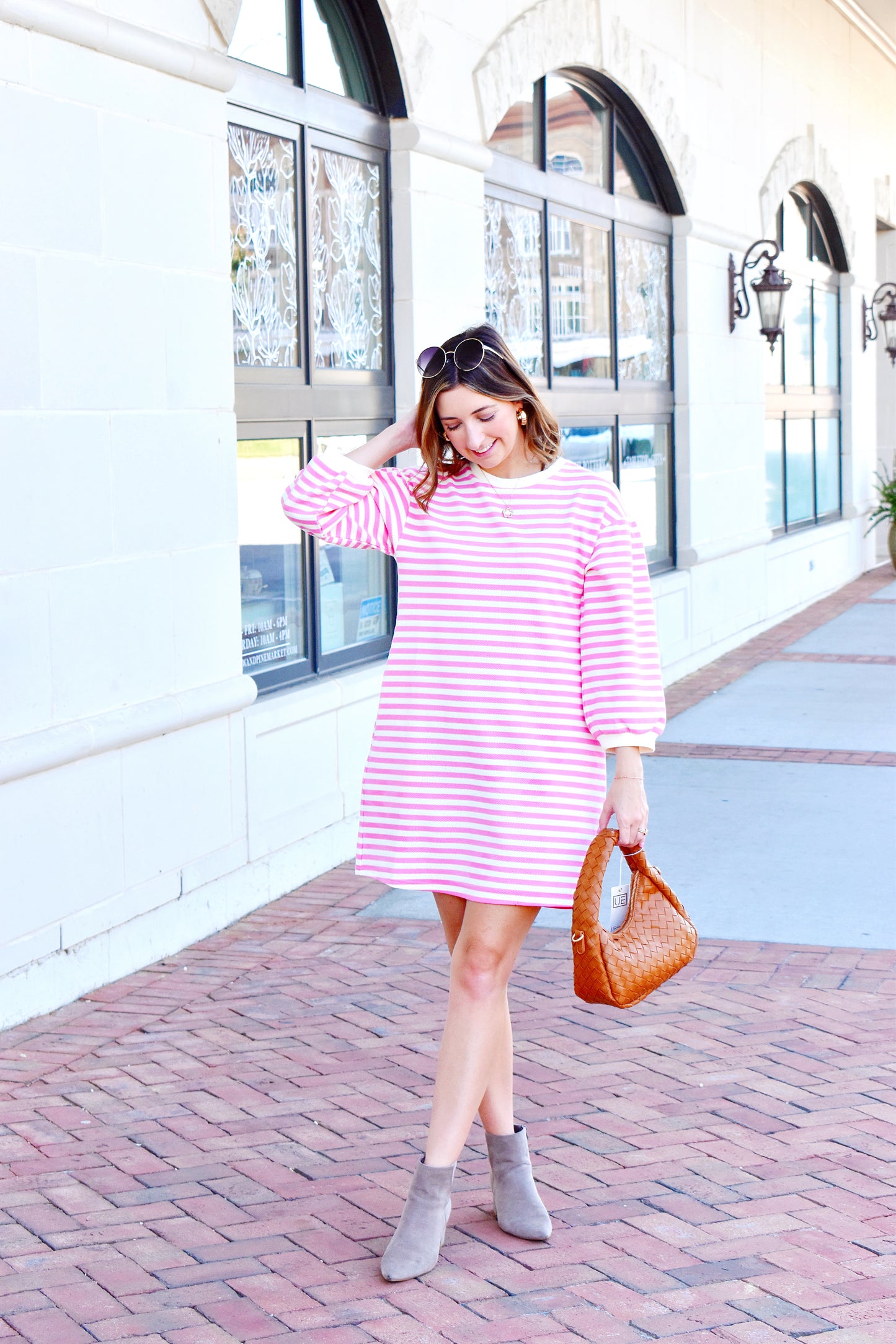 Pink Striped Bubble Sleeve Dress