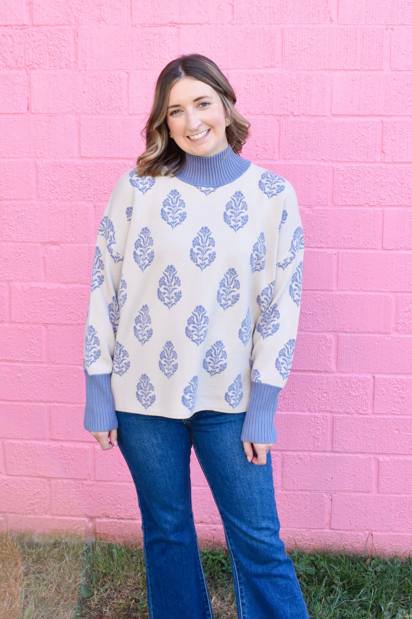 Ecru Blue Botanical Printed Mock Neck Sweater