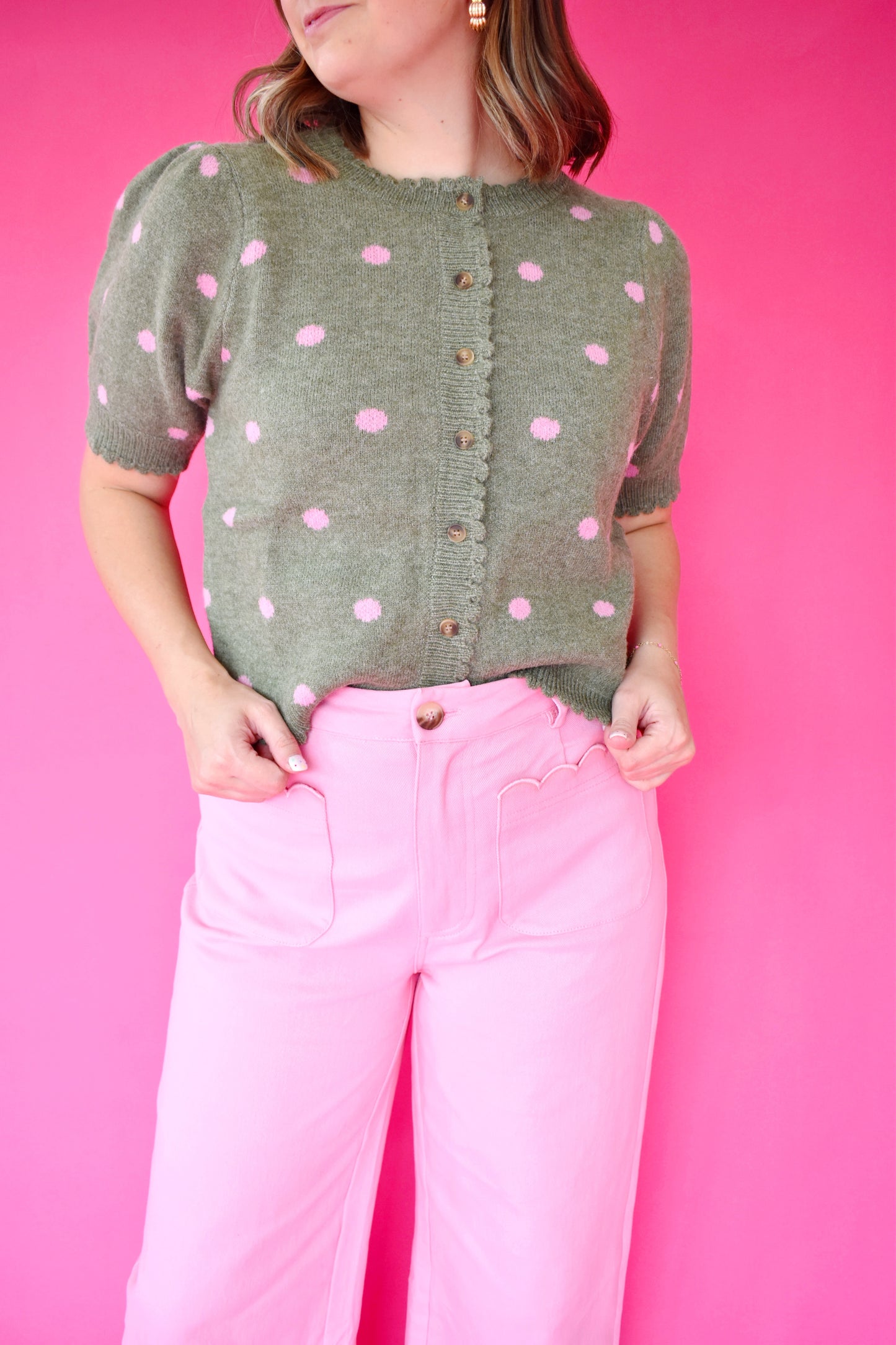 Army Green Pink Polka Dot Scallop Sweater