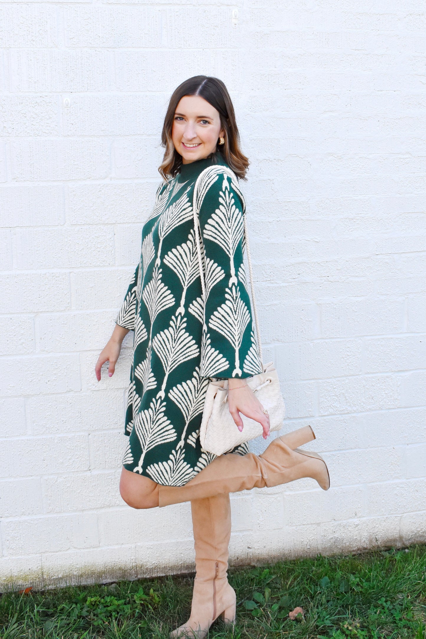Forest Green Abstract Fan Print Sweater Dress