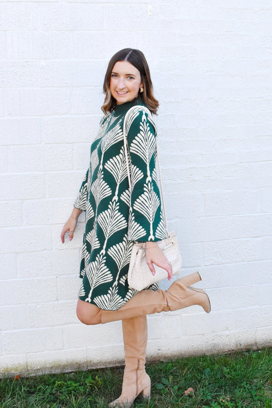 Forest Green Abstract Fan Print Sweater Dress