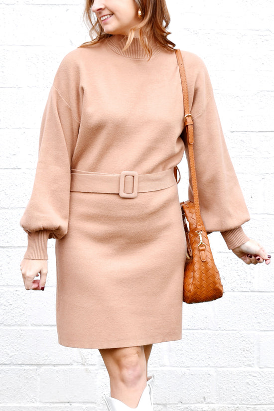 Taupe Belted Sweater Dress