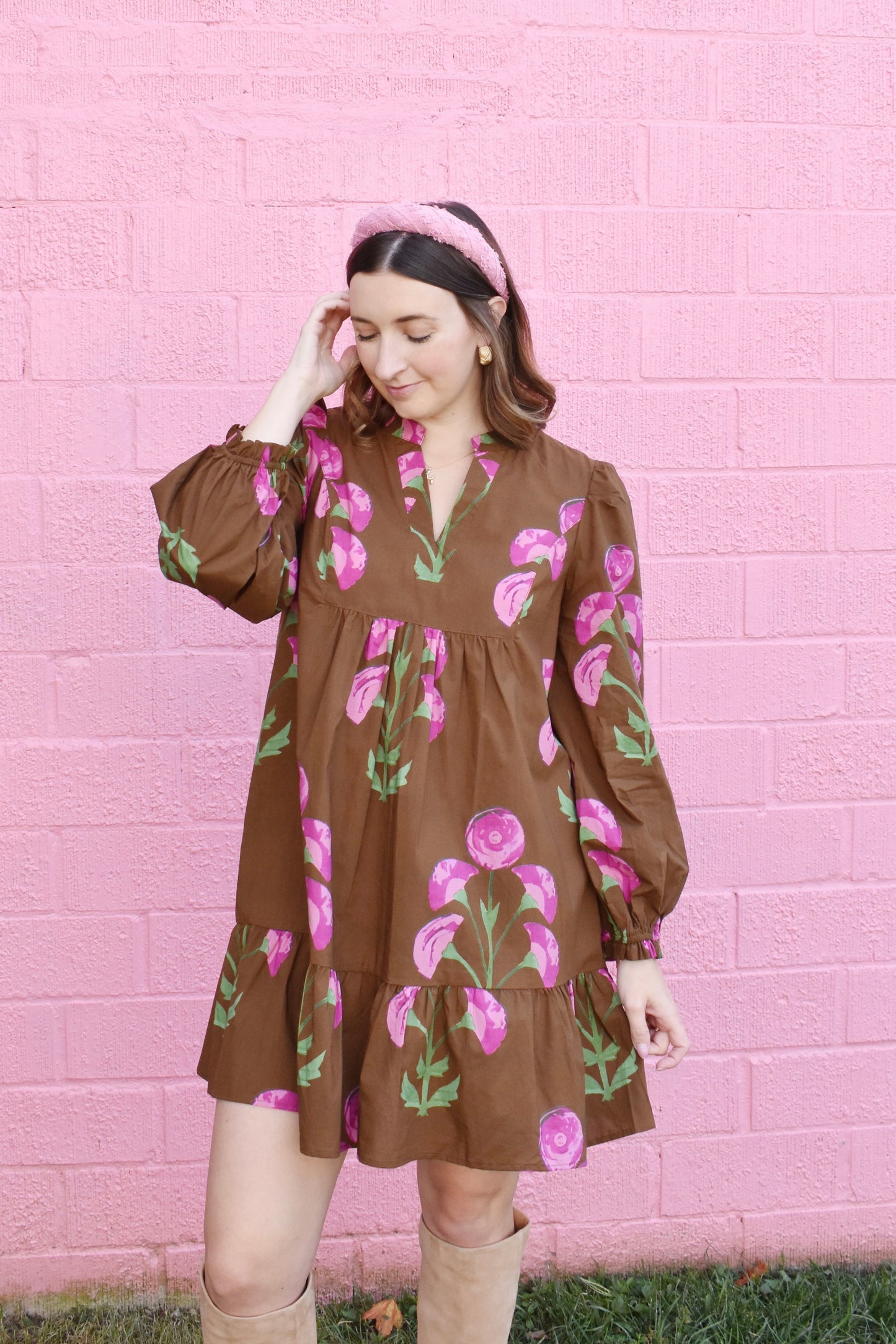 Chocolate & Pink Floral Babydoll Dress