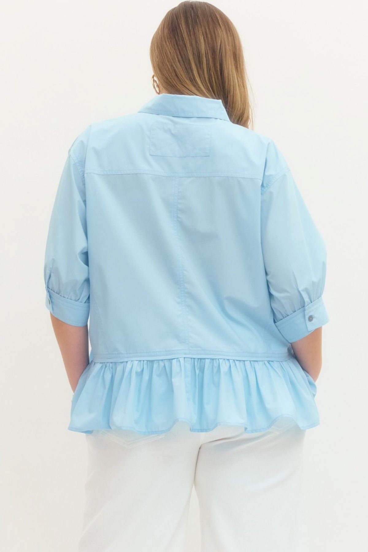Plus Blue Button Down Ruffle Hem Top