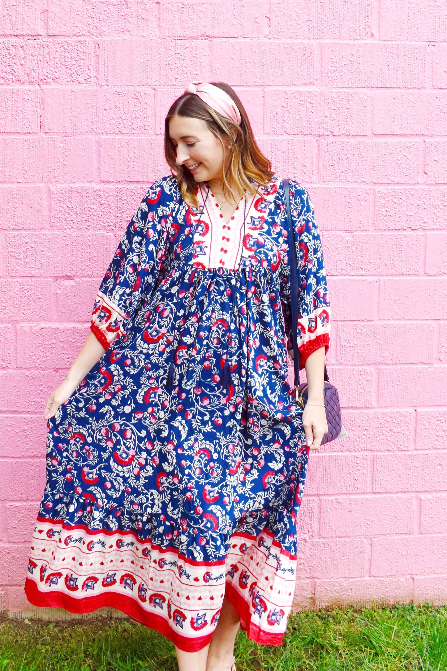 Navy Pink Abstract Floral Midi Dress