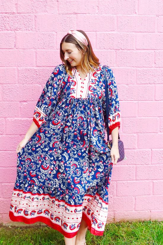 Navy Pink Abstract Floral Midi Dress