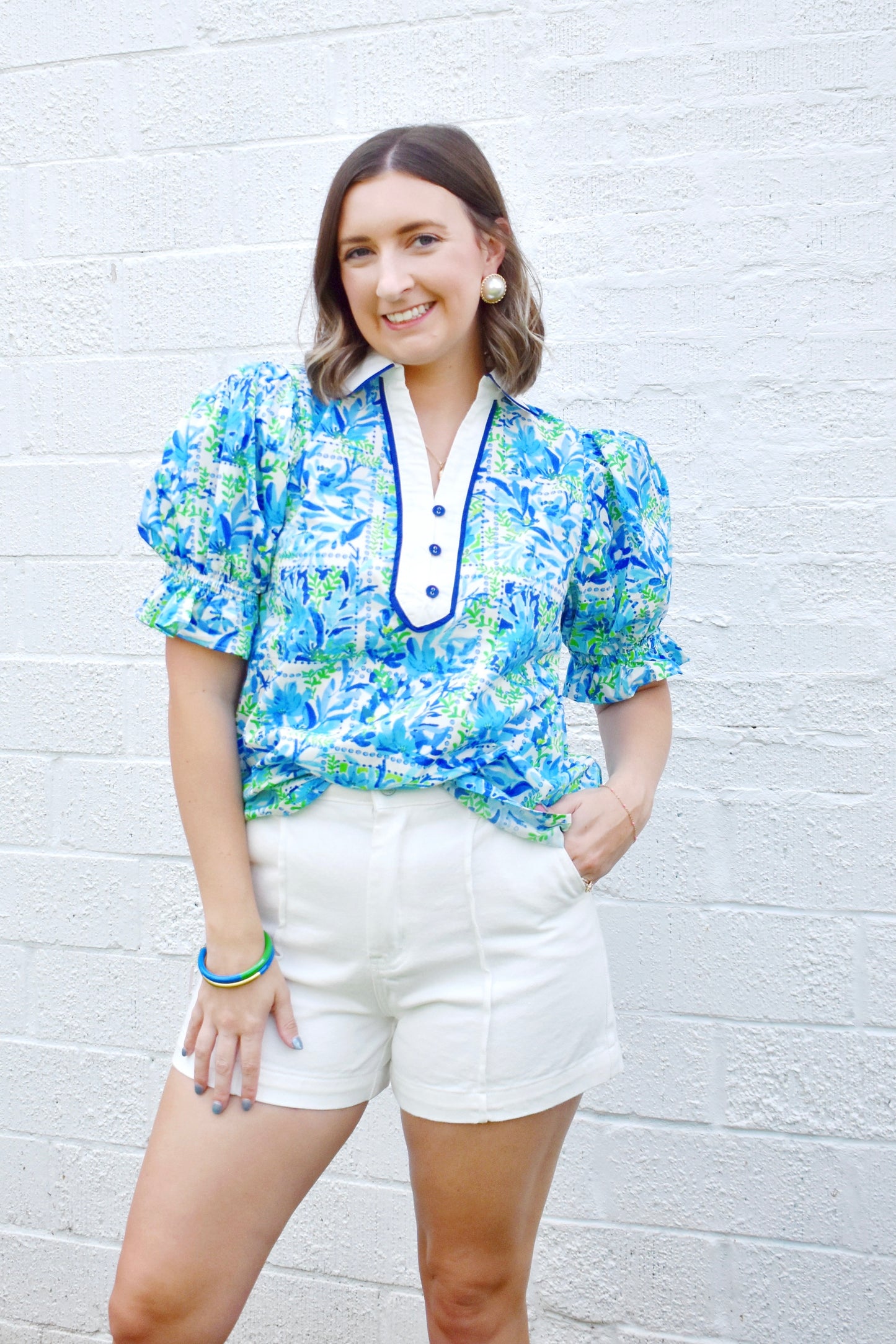 Blue & Green Watercolor Floral Collared Blouse