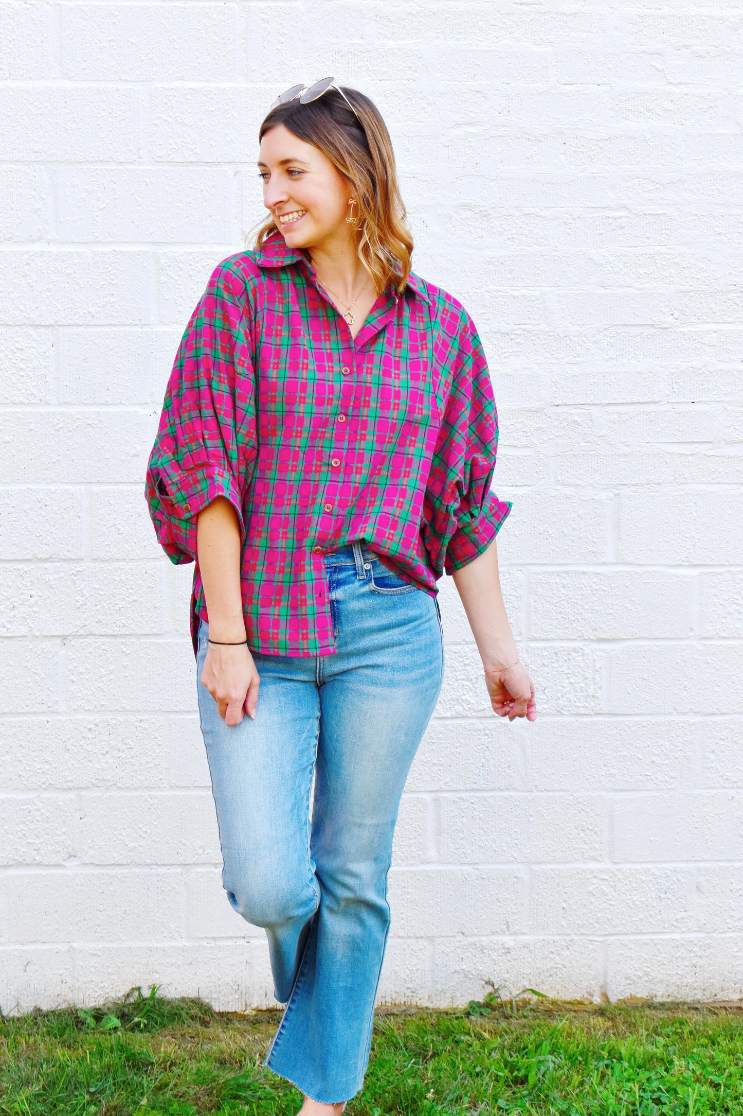 Magenta Plaid Oversized Button Up Top