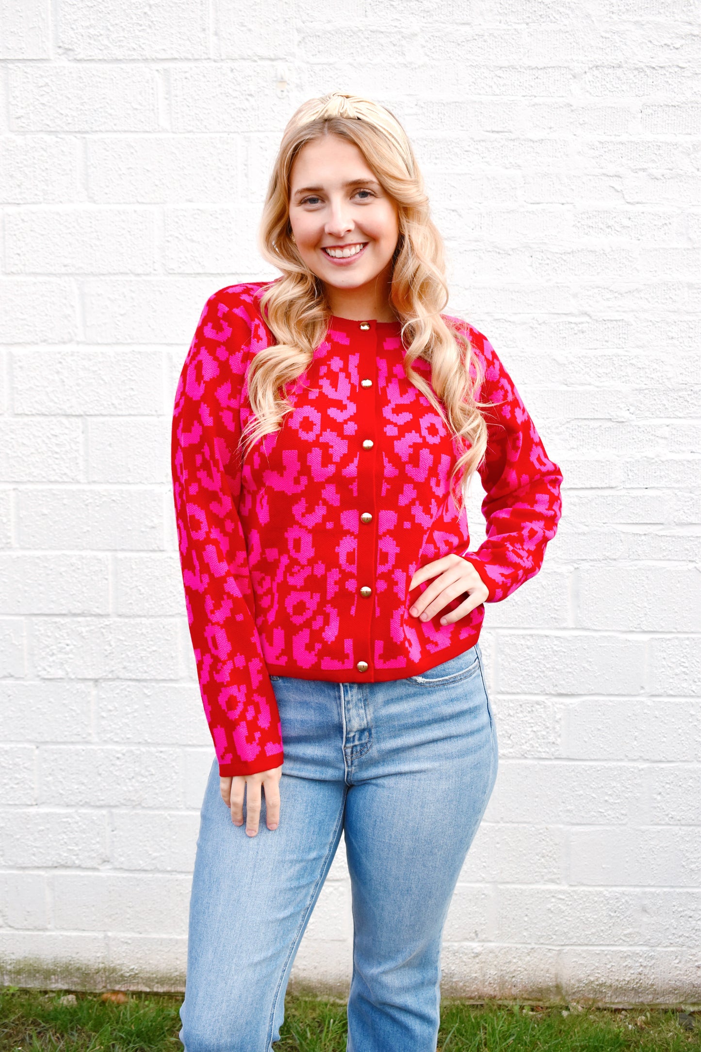 Pink & Red Leopard Button Down Cardigan