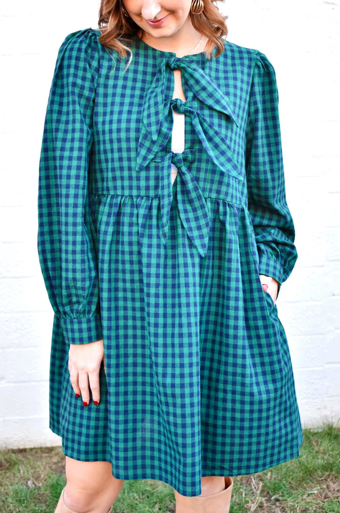 Green & Navy Checkered Tie Front Dress